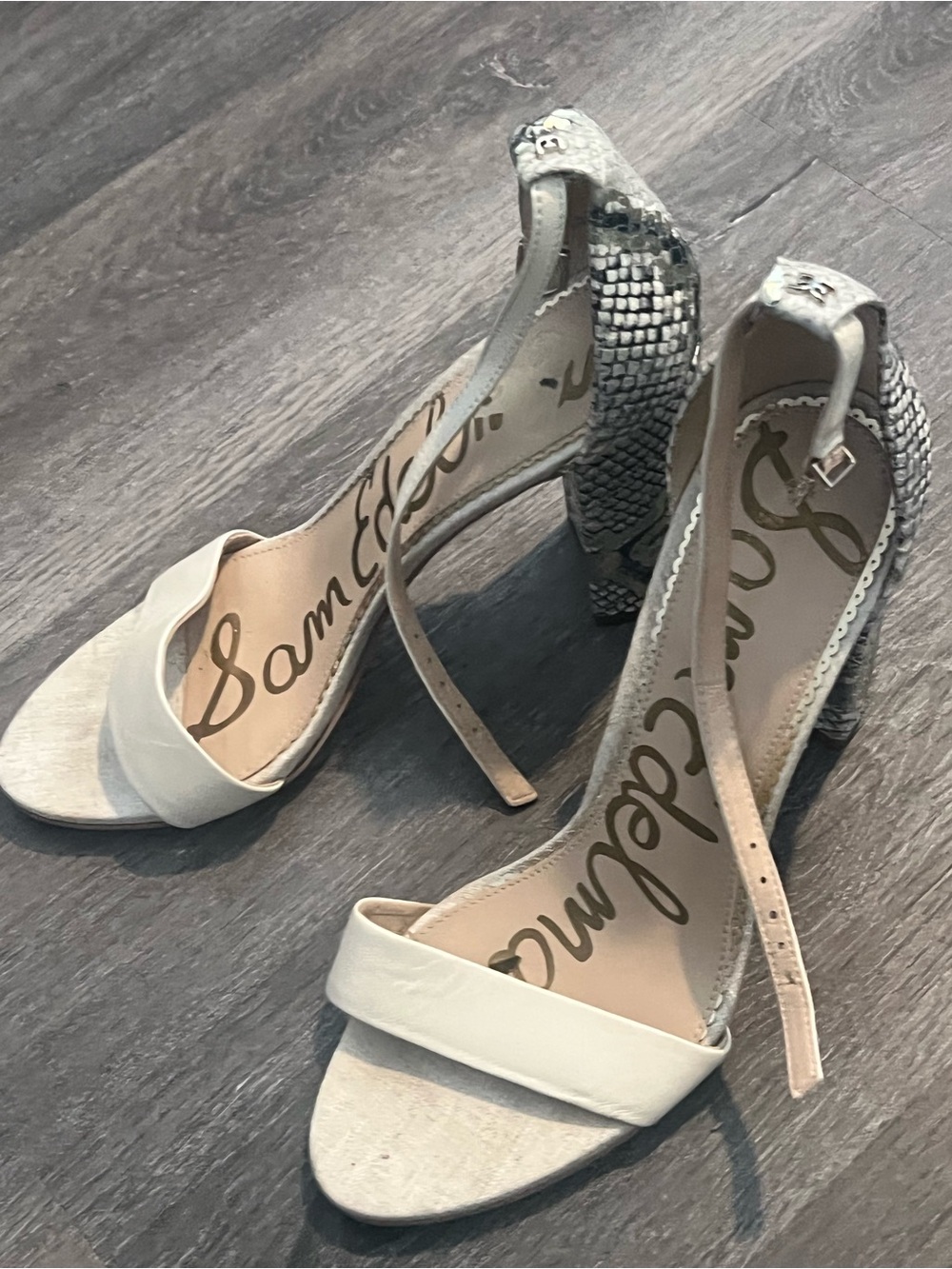 Sam Edelman Two-Tone Open-Toe Ankle-Strap Heels in Cream and Silver